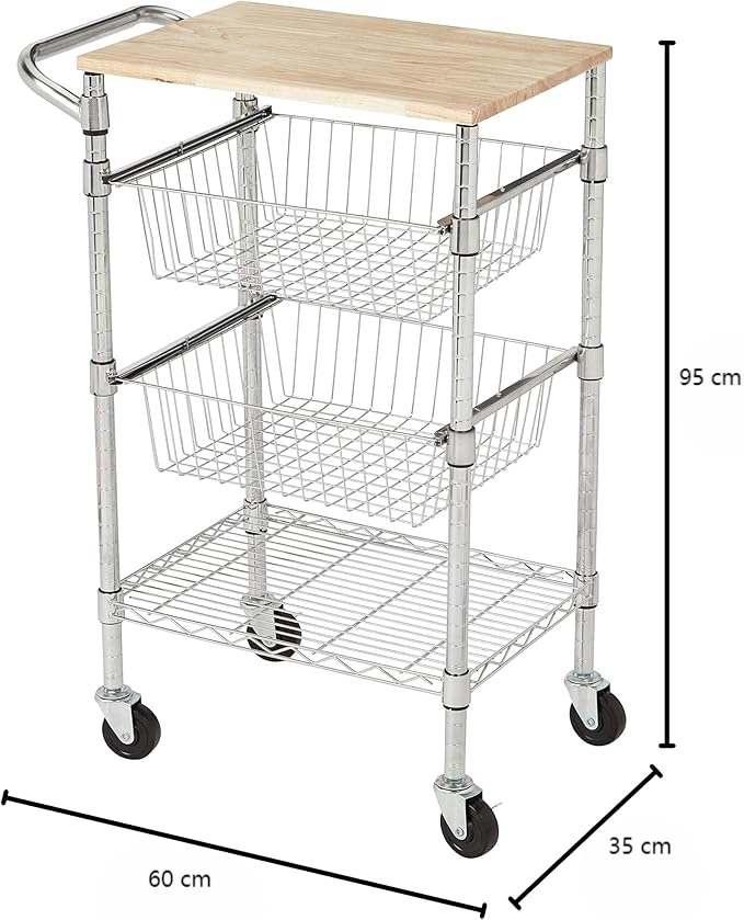 4 Tier Chrome Wire Basket With Top Wood