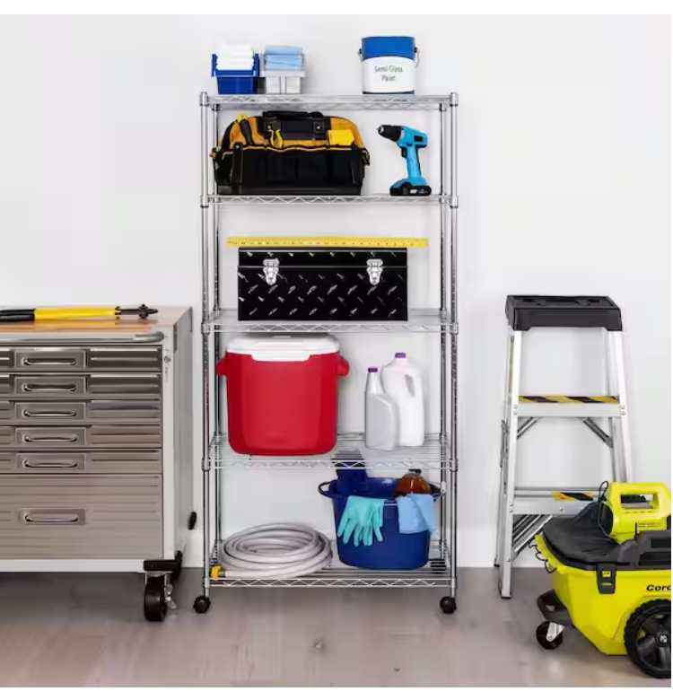 5 tier chrome wire shelving rack with wheels