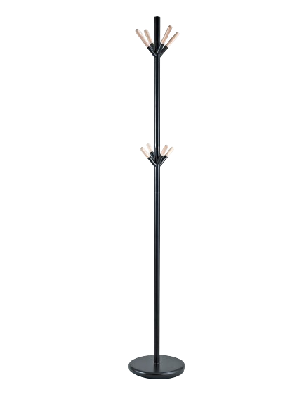 143337-COAT RACK BLACK POWDER COATING WITH 8 WOOD HOOKS.  
