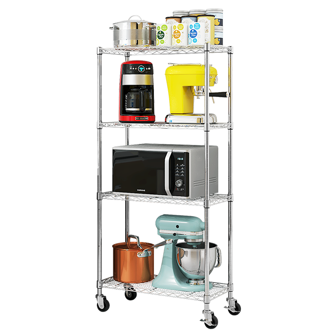 4 Tier Chrome Wire Shelving Rack With Wheels