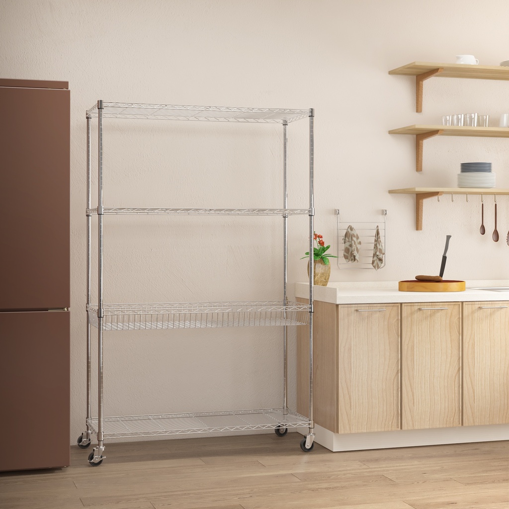 4-Tier Chrome Wire Shelving with Basket and Wheels