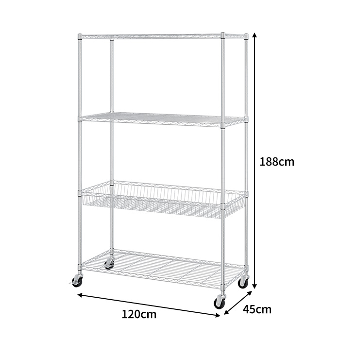 4-Tier Chrome Wire Shelving with Basket and Wheels