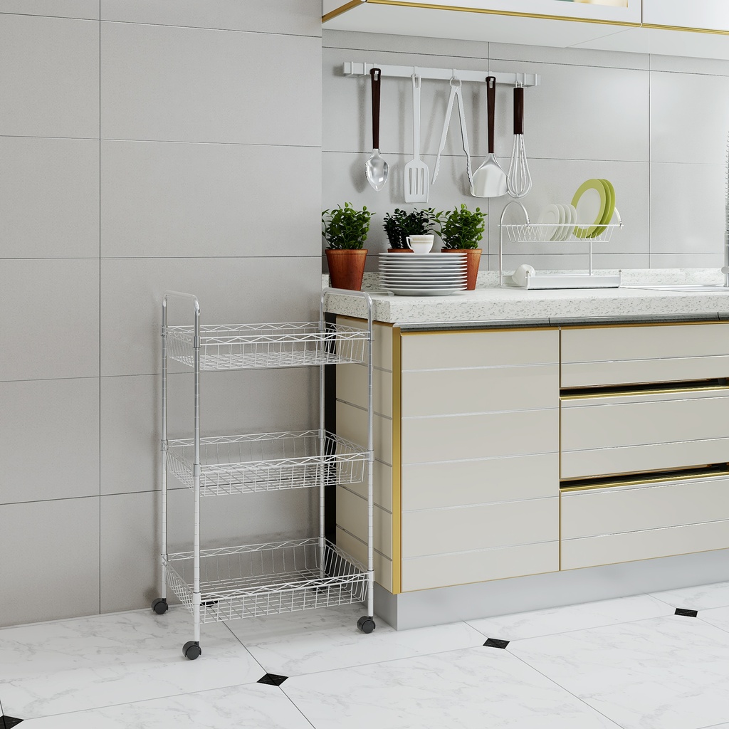 3 Tiers Wire Basket Kitchen Trolley with Wheels