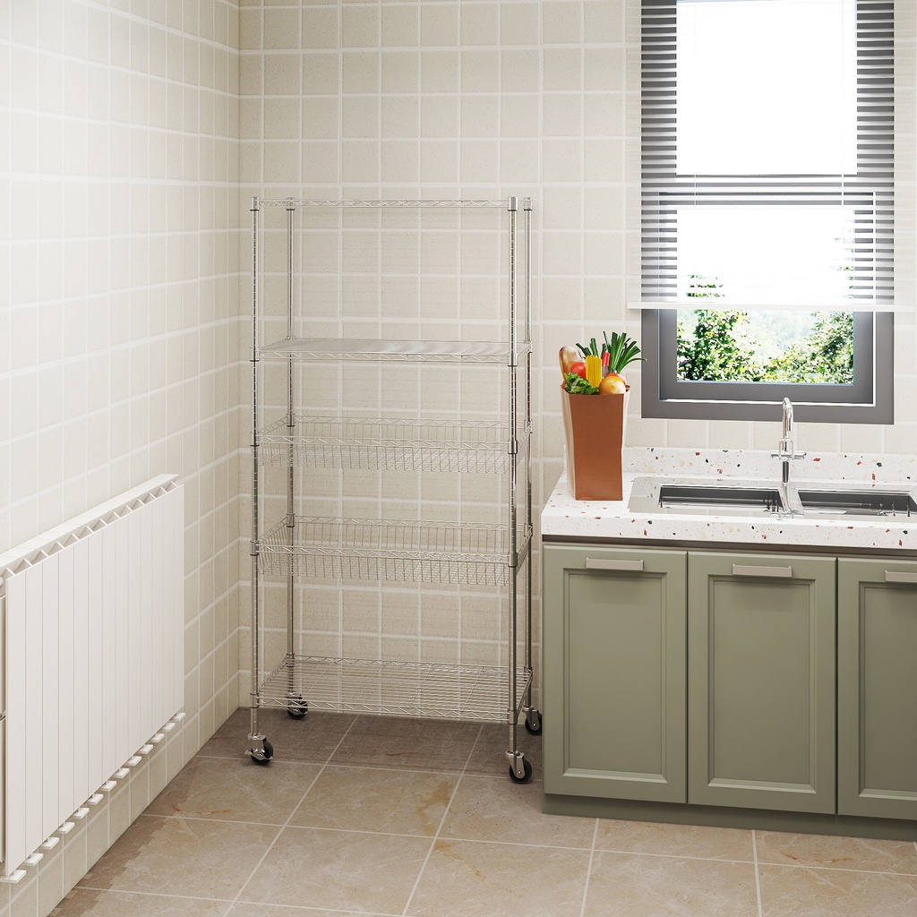 5 Tier Chrome Wire Shelving With baskets