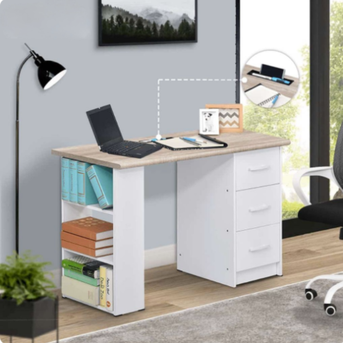 Study Writing Desk with 3 Storage Shelves & Drawers