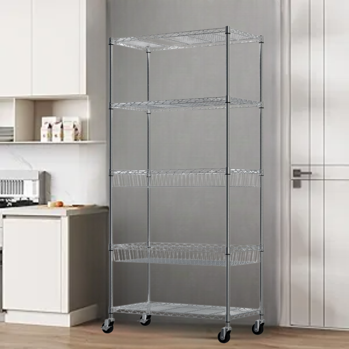 5 Tier Chrome Wire Shelving With baskets