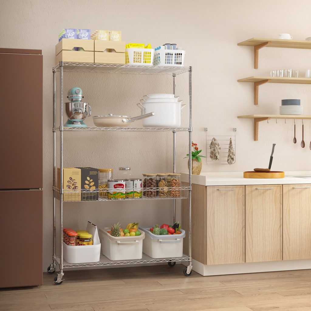 4-Tier Chrome Wire Shelving with Basket and Wheels