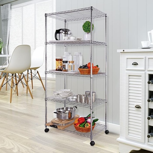 [LD7535180A5RC-W3] 5 tier chrome wire shelving rack with wheels