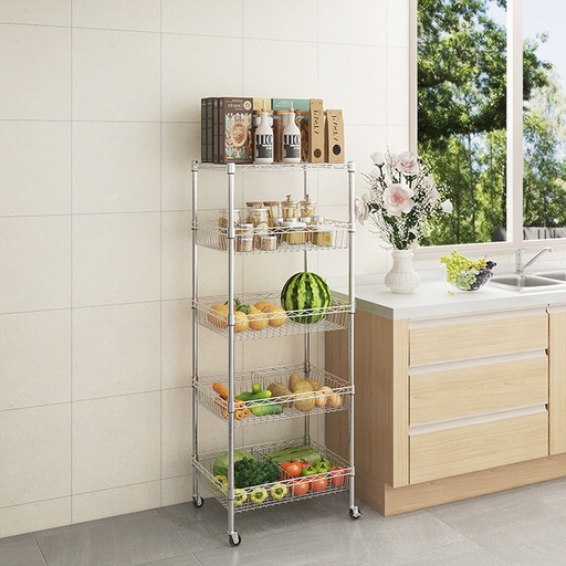 [CJ-B1857C-KAR]  5 Tier Chrome Wire Basket with Wheels